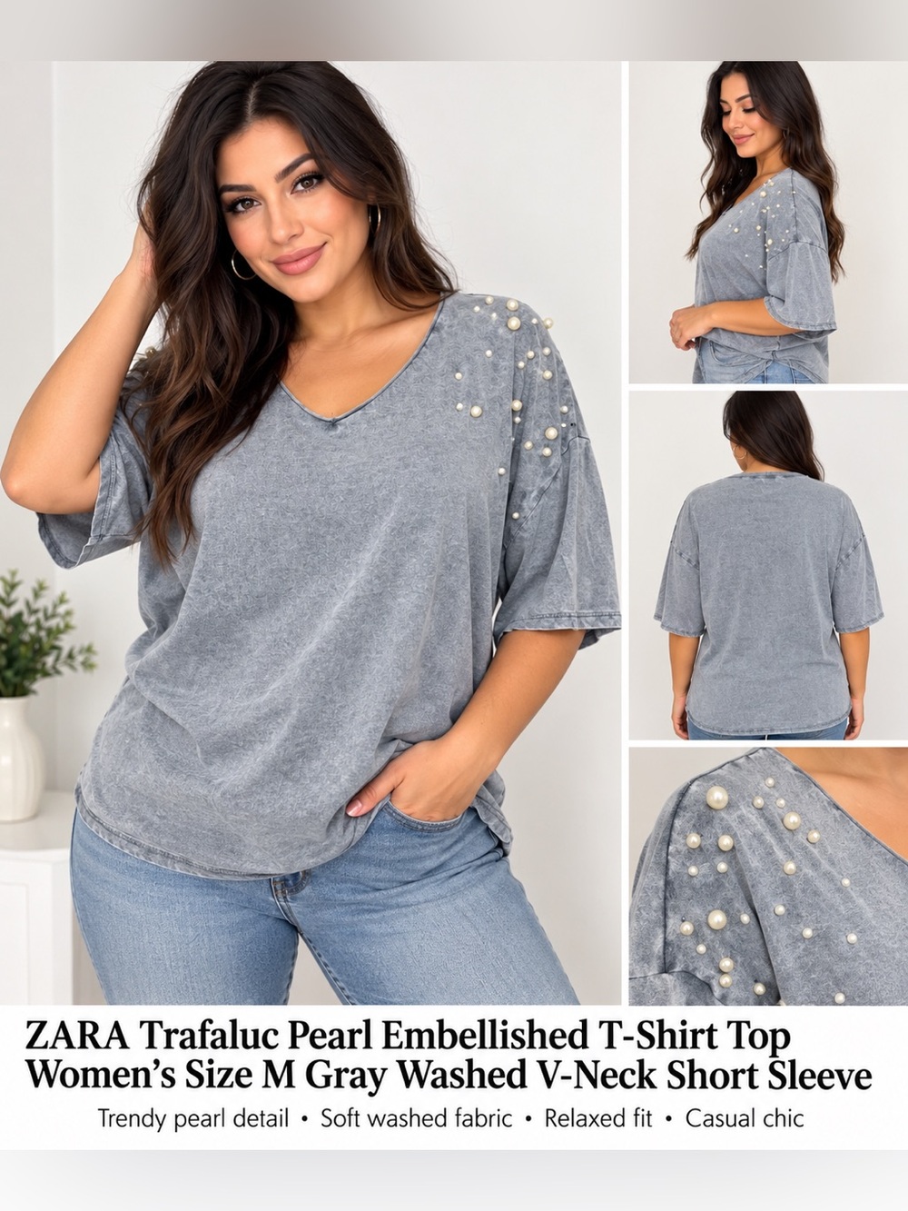 ZARA Distressed Oversized T-Shirt with Pearls